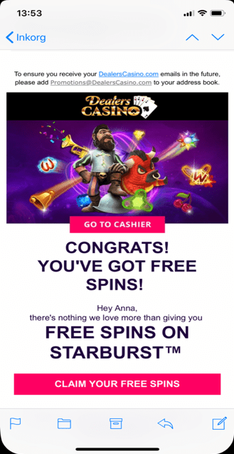 Get Free Spins for Starburst online slot with Dealers Casino