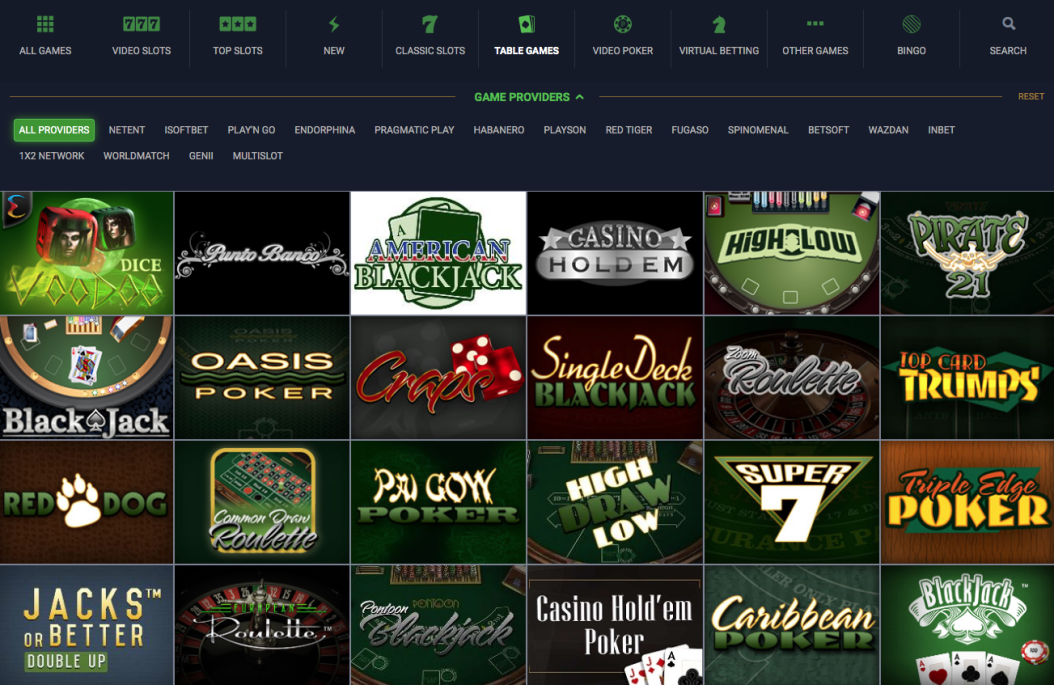 Table games at Evobet casino review